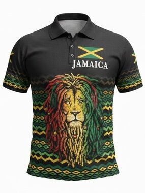 Reggae Lion Jamaica Polo shirt Black Yellow Green Red Mens XL